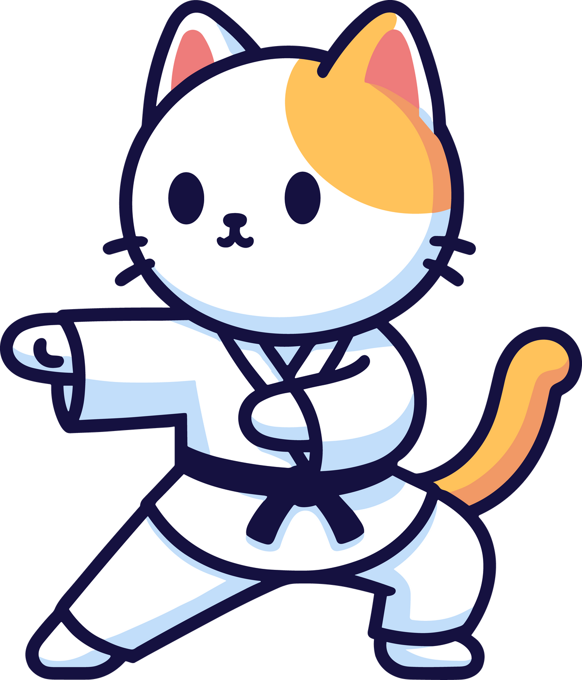 yellow cat adopting a classic kung fu stance, with its arms extended and a focused expression